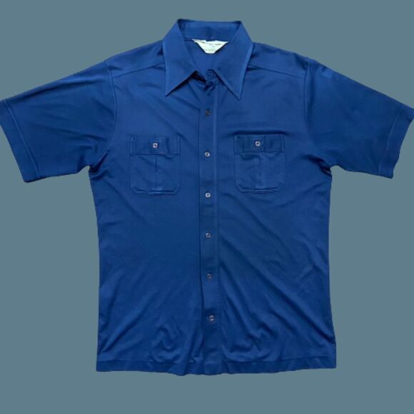 Unbranded Vintage 70s Casual Button Front Navy Polyester Shirt Men's Size Large - Picture 1 of 8